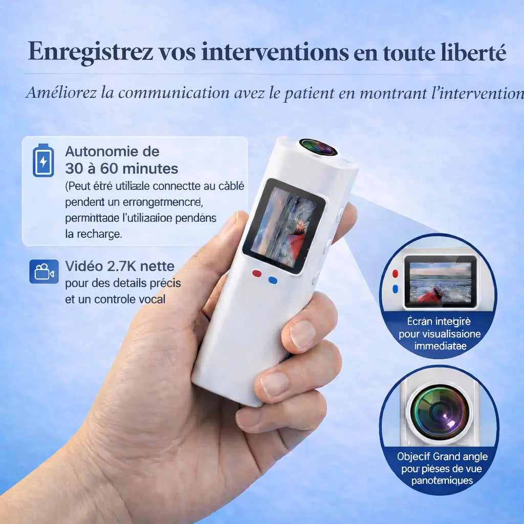 Enregistrez vos interventions en toute liberté — 30–60 min d'autonomie, vidéo 2.7K, écran intégré et objectif grand angle