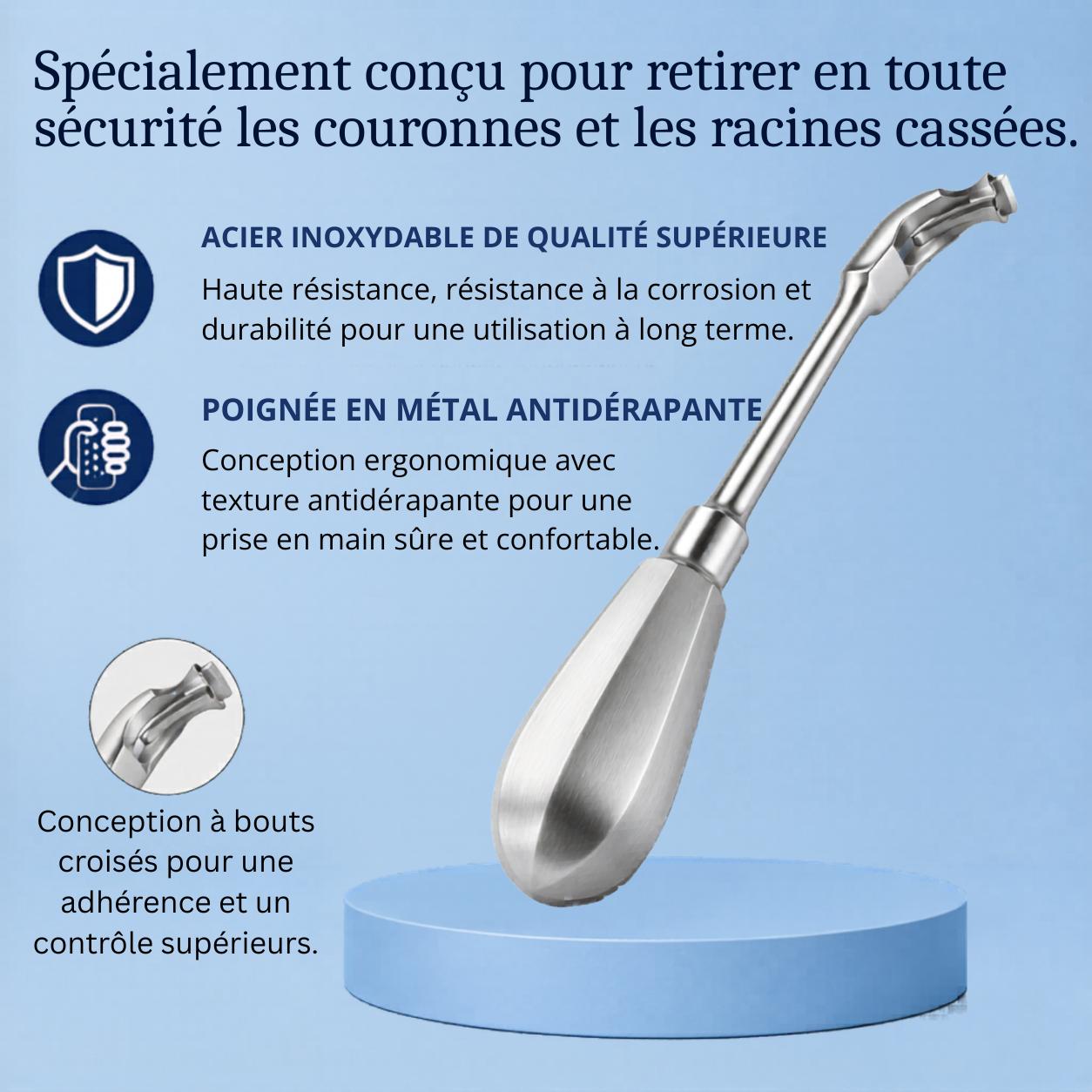 Extracteur dentaire de couronnes et racines : acier inoxydable, manche antidérapant et pointe croisée