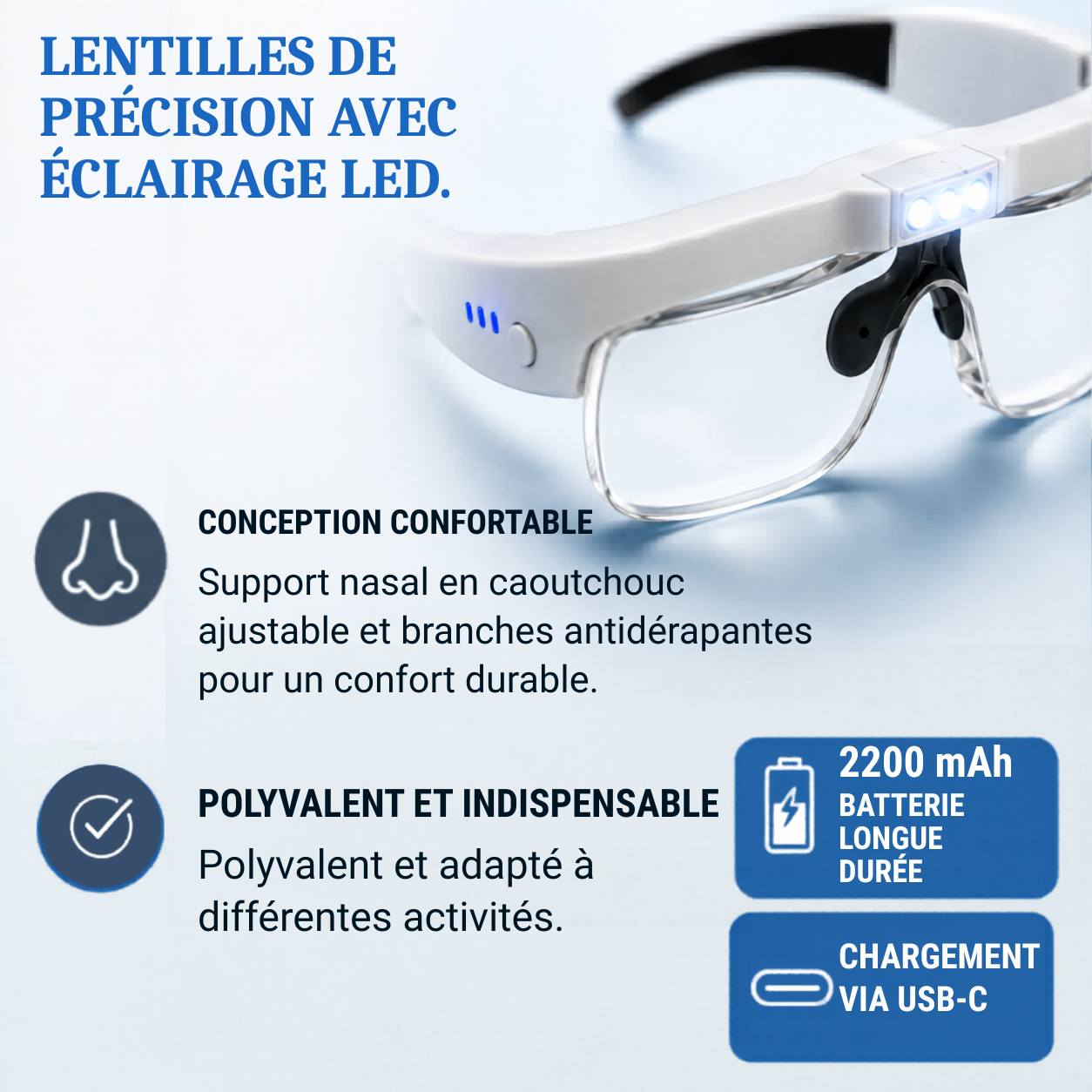 [locale:fr] Lentilles de précision avec éclairage LED, design confortable et batterie longue durée